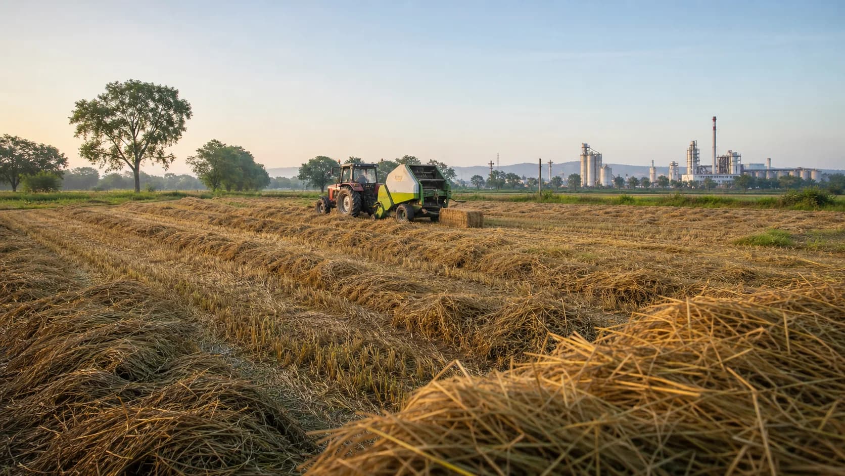Rice straw being gathered from a field with a biorefinery on the horizon