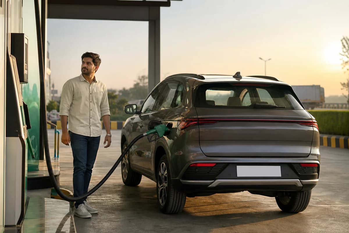 An Indian driver refuelling a modern car at a clean highway fuel station
